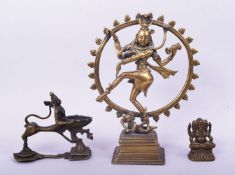 A 19TH CENTURY INDIAN BRASS SHIVA, 19.5cm high, together with two other brass figures (3).