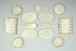 A GOOD COLLECTION OF CHINESE MOTHER OF PEARL GAMING COUNTERS, various shapes, (13).