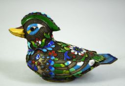 A CHINESE ENAMELLED METALWORK MODEL OF A DUCK, 14cm long.