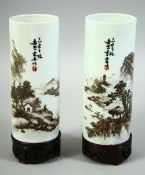 A PAIR OF CHINESE CYLINDRICAL PORCELAIN BRUSH POTS, on fitted hardwood stands, brush pot 13cm high.
