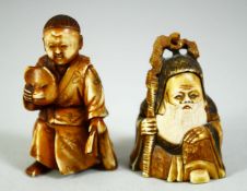 TWO CARVED NETSUKES, one of a boy holding a noh mask, the other of a sage, (2).