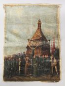 AN ISLAMIC OIL PAINTING ON CANVASS, depicting Mehmel going to Hajj, canvass unstretched, 70cm x