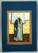 AN ISLAMIC FULL BODY PORTRAIT MINIATURE PAINTING ON PAPER of a sultan, finely painted with gilt