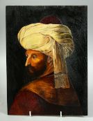 A TURKISH OIL PAINTING ON BOARD, depicting a sultan, 30.5cm x 22.5cm.