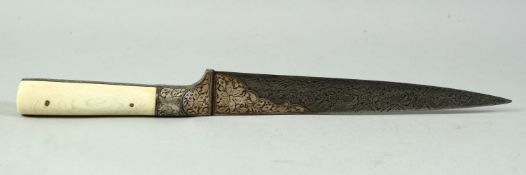 AN INDO PERSIAN DAMASCUS STEEL AND BONE HANDLE KNIFE, with inlaid silver decoration, 34cm long.
