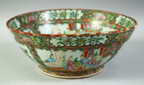 A CHINESE CANTON FAMILLE ROSE PORCELAIN BOWL, painted with panels of figures, birds and native