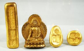 FOUR CHINESE GILT BRONZE PIECES.