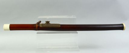 A CHINESE METAL AND BONE MOUNTED BAMBOO OPIUM PIPE, 63.5cm long.