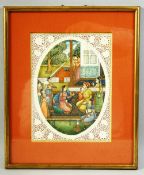 A FINE INDIAN OVAL MINATURE PAINTING ON IVORY with pierced ivory surround, depicting a courtyard