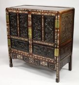 A CHINESE MOTHER OF PEARL INLAID HARDWOOD CABINET, with two large doors opening to reveal a