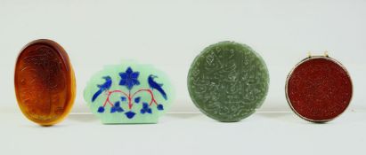 THREE ISLAMIC ENGRAVED CALLIGRAPHIC SEALS, of various stones including agate and jade, together with
