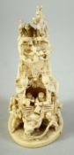 A JAPANESE CARVED IVORY OKIMONO, depicting a tall two-tier oxen cart with many figures, the base