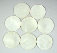 A COLLECTION OF CHINESE MOTHER OF PEARL CIRCULAR GAMING COUNTERS, (8).