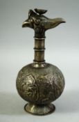 A CHINESE WHITE METAL GLOBULAR VESSEL, with bird shape finial, the body with engraved decoration,