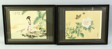 TWO CHINESE PAINTINGS ON SILK, both framed and glazed, each 33.5cm x 42.5cm.