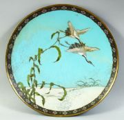 A JAPANESE CLOISONNE BLUE GROUND CIRCULAR DISH, decorated with cranes in flight, 30cm diameter.