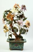 A CHINESE MIXED HARDSTONE BONSAI SCULPTURE, in a cloisonne planter, 45cm high.