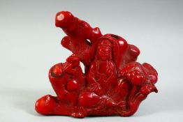 ANOTHER GOOD 19TH/20TH CENTURY CHINESE PIECE OF CARVED RED CORAL, in the form of Guanyin seated