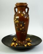 A GOOD EARLY 20TH CENTURY JAPANESE BRONZE TWIN HANDLED VASE ON CIRCULAR BASE, of naturalistic form,