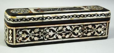 A TURKISH OTTOMAN TORTOISESHELL AND MOTHER OF PEARL INLAID PEN BOX, the lid with inlaid mother of