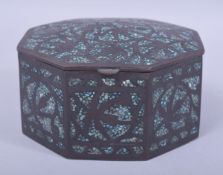A FINE 19TH CENTURY INDIAN TURQUOISE INLAID BRASS OCTAGONAL LIDDED BOX, the turquoise inlay within a