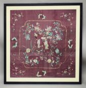 A VERY LARGE CHINESE EMBROIDERED TEXTILE, embroidered with a male and female figure and bird