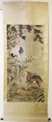 A GOOD LARGE CHINESE SCROLL PAINTING, depicting a crane on a mound with a deer surrounded with