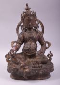 A TIBETAN BRONZE BUDDHA, with traces of red paint and gilt decoration, 30cm high.