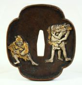 A JAPANESE BRONZE SHAKUDO TSUBA, of quatrefoil form depicting figures to one side, the reverse