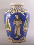 A LARGE PERSIAN QAJAR GLAZED POTTERY VASE, the body painted with figures and tree beneath a band