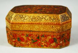 A FINE 19TH CENTURY KASHMIRI LACQUERED PAPIER MACHE LIDDED BOX, decorated with birds and flora, 13.