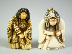 TWO CARVED NETSUKES, both of figures with revolving heads, (2).