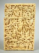 A CHINESE CANTON CARVED IVORY CARD CASE, carved with village scenes including many figures in