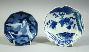 TWO SMALL JAPANESE BLUE AND WHITE DISHES, one with tripod footed base, 12.5cm and 10.5cm.