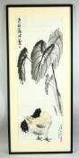 QI BAISHI (1864-1957) & XU BEIHONG (1895-1953); TWO CHICKENS UNDER TARO LEAVES, colour woodblock