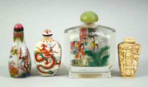 FOUR CHINESE SNUFF BOTTLES, comprising of one large reverse glass painted snuff bottle and