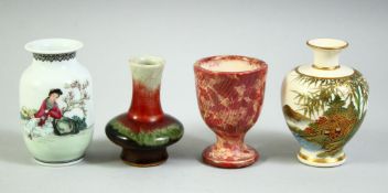 THREE SMALL PORCELAIN VASES, including one satsuma vase, one famille rose vase, another small red