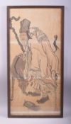 A GOOD CHINESE WATERCOLOUR PAINTING OF AN IMMORTAL / SAGE, with a deer to his side, a red crowned