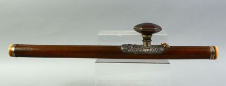 A CHINESE SILVER AND IVORY MOUNTED HARDWOOD OPIUM PIPE, 59cm long.