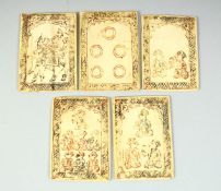 A GROUP OF FIVE 18TH CENTURY INDIAN CARVED IVORY PLAYING CARDS, 6.5cm x 4.5cm.