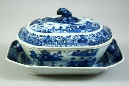 A CHINESE BLUE AND WHITE PORCELAIN TUREEN, COVER AND STAND, tureen 17cm long, (3 pieces).