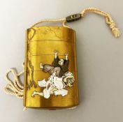 AN EXCELLENT JAPANESE MEIJI PERIOD GOLD LACQUER AND SHIBAYAMA FOUR CASE INRO with silver ojime,