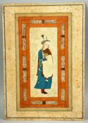 AN ISLAMIC MINIATURE PAINTING ON BOARD, depicting a female figure holding a water vessel, the border
