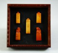 A SET OF FIVE SMALL CHINESE STONE SEALS, contained in a fitted wood box with a sliding cover, the
