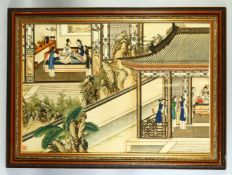 A LARGE CHINESE SILK PICTURE, depicting female figures in an interior and balcony setting, framed