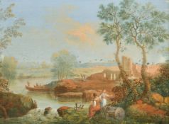 A pair of 19th Century Italian classical river landscapes with ruins and figures, gouache, one