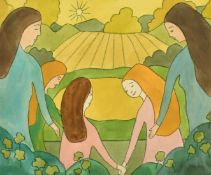 20th Century, A group of children in a field, watercolour and gouache, indistinctly signed, 9.5