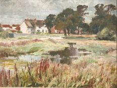 Circle of Alethea Garstin (20th Century) A pond with houses beyond, oil on board, initialled and