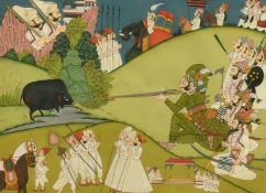 Indian School, A Maharaj and his attendants on a hunting trip, gouache on paper, 5.75