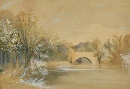 Circle of G B Campion, 'Denwick Bridge', watercolour heightened with white, inscribed, 8.75